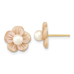 14k 3-4mm White Round Freshwater Cultured Pearl and Pink Mother of Pearl Flower Post Earrings