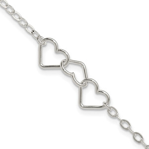 Sterling Silver 9inch Solid Polished Fancy Heart Link Anklet