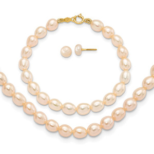 14k 3-5mm Semi-Round Pink Freshwater Cultured Pearl 12 inch Necklace, 5 inch Bracelet and Post Earring Set