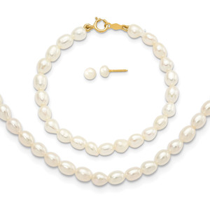14k 3-5mm White Freshwater Cultured Pearl 14 inch Necklace, 5 inch Bracelet and Post Earrings Set