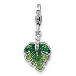 Sterling Silver Amore La Vita Rhodium-plated 3D Green Enameled with CZ Leaf Charm with Lobster Clasp