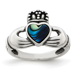 Sterling Silver Antiqued Abalone Inlay and Black Enamel Claddagh Ring - QR-7DE363C1-5367