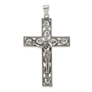 Sterling Silver Antiqued Beaded Filigree Crucifix Pendant