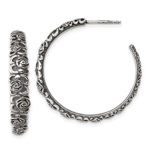 Sterling Silver Antiqued Graduated Floral 5.75 x 32mm C-Hoop Post Earrings