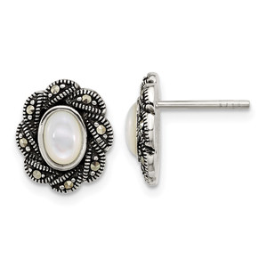 Sterling Silver Antiqued Marcasite and Mother of Pearl Oval Fancy Post Earrings