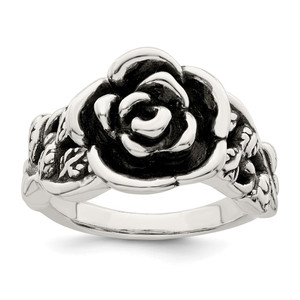 Sterling Silver Antiqued Rose Flower Ring - QR-BA63B5FA-1398