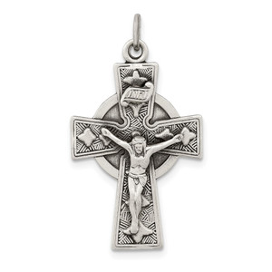 Sterling Silver Antiqued Satin Irish Crucifix Cross Pendant - QC-82A6318A-5922