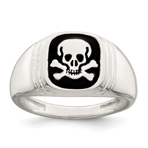 Sterling Silver Black Enameled Mens Skull and Crossbones Ring - QR-D8998763-4119