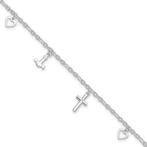 Sterling Silver Cross Heart and Anchor 10in Plus 1in ext Anklet