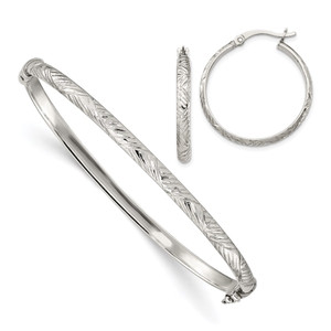 Sterling Silver D/C 4mm Bangle and 3mm Hoop Earring Set - QB-2B747C63-3810