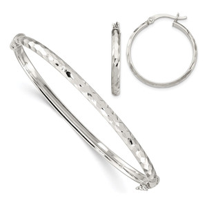 Sterling Silver D/C 4mm Bangle and 3mm Hoop Earring Set - QB-ED6AD081-7049