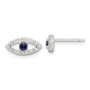 Sterling Silver E-Coating Polished Blue & White CZ Evil Eye Post Earrings