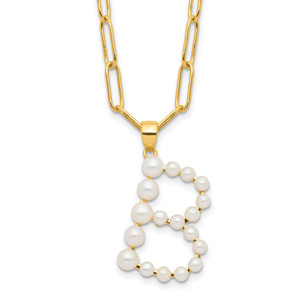 Sterling Silver Gold-plated 3-5.5mm White Button Freshwater Cultured Pearl LETTER B 18 inch Necklace