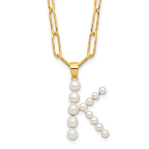 Sterling Silver Gold-plated 3-5.5mm White Button Freshwater Cultured Pearl LETTER K 18 inch Necklace
