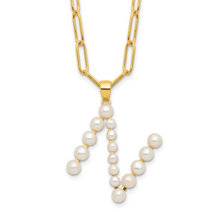Sterling Silver Gold-plated 3-5.5mm White Button Freshwater Cultured Pearl LETTER N 18 inch Necklace