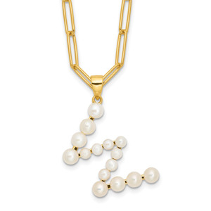 Sterling Silver Gold-plated 3-5.5mm White Button Freshwater Cultured Pearl LETTER W 18 inch Necklace
