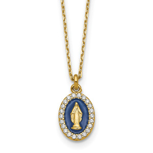 Sterling Silver Gold-plated CZ and Blue Enamel Miraculous Medal 15.75 inch with 2 inch extender Necklace
