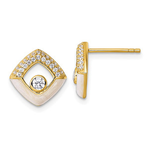 Sterling Silver Gold-tone CZ and Champagne Enamel Polished Square Post Earrings