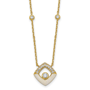 Sterling Silver Gold-tone CZ and Champagne Enamel Square 16 inch with 1.5 inch Extension Necklace