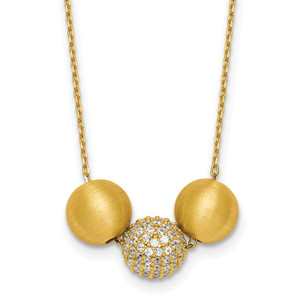 Sterling Silver Gold-Tone Polished and Brushed CZ Beads 16 Inch with 2 Inch Extension Necklace