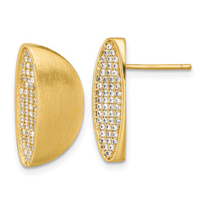 Sterling Silver Gold-tone Polished and Brushed Pave CZ Half Circle Post Earrings