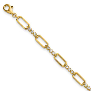 Sterling Silver Gold-tone Polished CZ and Paperclip Link 7 Inch with 1 Inch Extension Bracelet
