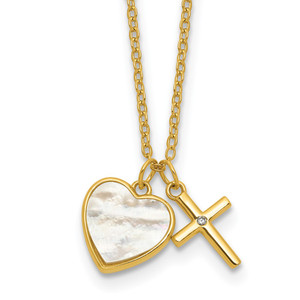 Sterling Silver Gold-tone Polished Mother of Pearl Heart and CZ Cross 14 Inch with 3 Inch Extension Children's Necklace