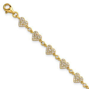 Sterling Silver Gold-tone Polished Pave CZ Hearts 7 Inch with 1 Inch Extension Bracelet