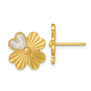 Sterling Silver Gold-tone Polished with White Enamel Lucky 4-Leaf Clover Post Earrings