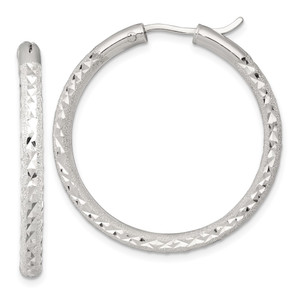 Sterling Silver Laser and Diamond-cut 35x3.25mm Hidden Catch Round Hoop Earrings