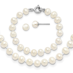 Sterling Silver Madi K Rhodium-plated 5-6mm White Semi-Round Freshwater Cultured Pearl 12 inch Necklace, 4 inch Bracelet & Post Earrings Set