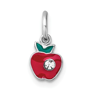 Sterling Silver Madi K Rhodium-plated Enameled Red Apple with Crystal Childrens Pendant