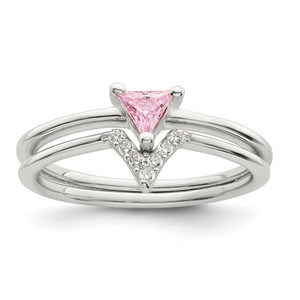 Sterling Silver Pink Trillion CZ and White CZ Ring Set - QR-E8C3B3DF-1065