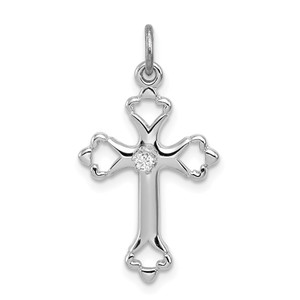 Sterling Silver Platinum-plated Budded Cross w/CZ Charm