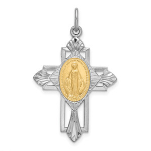 Sterling Silver Platinum-plated Gold Tone Miraculous Medal Cross Pendant