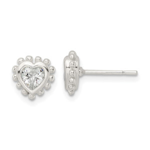 Sterling Silver Polished & Beaded Edge Heart CZ Post Earrings