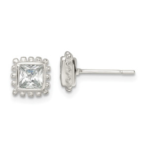 Sterling Silver Polished & Beaded Edge Square CZ Post Earrings