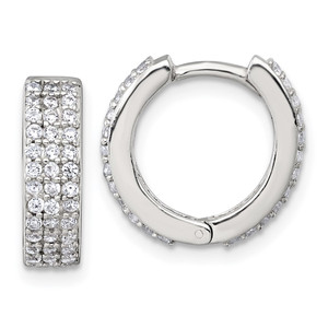 Sterling Silver Polished 16x4.5mm 3-Row CZ Hinged Round Hoop Earrings