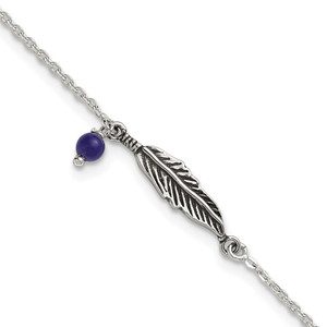 Sterling Silver Polished and Antiqued Feather and Blue Lapis Bead 9 inch with 1 inch Extension Anklet