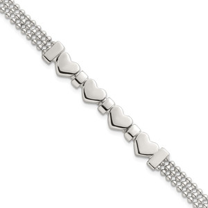Sterling Silver Polished and Beaded 4-Hearts 7.25 Inch Bracelet