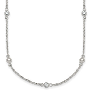Sterling Silver Polished and Beaded CZ 16.75 inch with 0.5 inch Extension Necklace