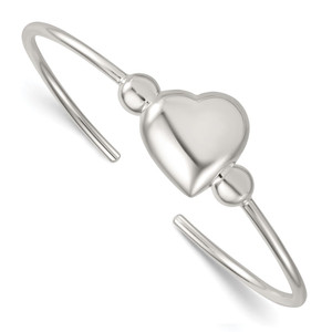 Sterling Silver Polished and Beaded Domed Heart Cuff Bangle