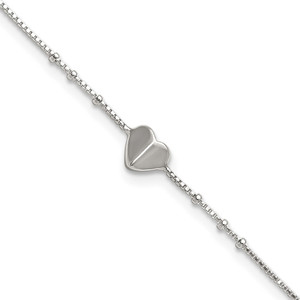 Sterling Silver Polished and Beaded Heart 9 inch with 1 inch Extension Anklet