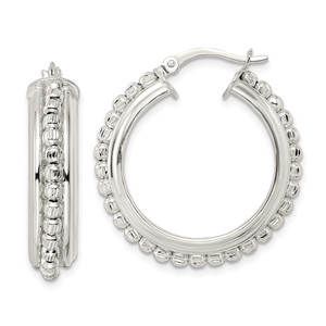 Sterling Silver Polished and DIamond-cut Beaded Hoop Earrings