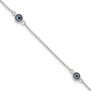 Sterling Silver Polished and Glass Evil Eye 9 inch with 1 inch Extension Anklet
