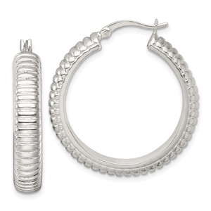 Sterling Silver Polished and Grooved 32x6mm Round Hollow Hoop Earrings