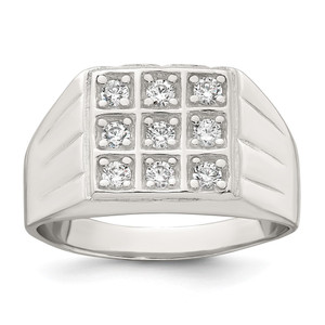 Sterling Silver Polished and Grooved White CZ Square Size 9 Mens Ring