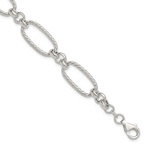 Sterling Silver Polished and Twisted Fancy Oval Link 7.5 inch Bracelet