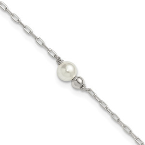 Sterling Silver Polished Bead and Glass Pearl 9 inch with 1 inch Extension Anklet
