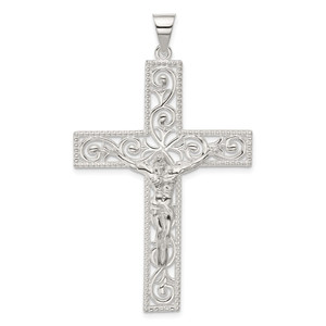 Sterling Silver Polished Beaded Filigree Crucifix Pendant